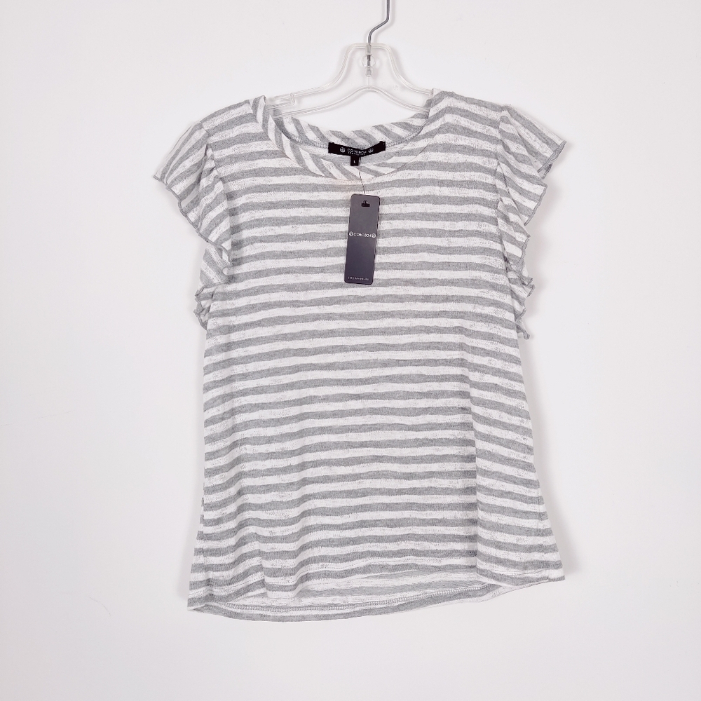 Coin 1804 Los Angeles Women's Striped Top Size Large Flutter Sleeve Feminine NEW